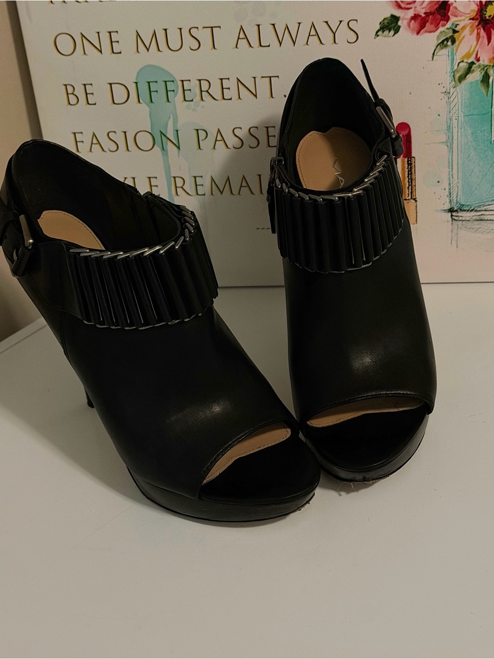 Via Spiga Vintage Black Peep-Toe Ankle Booties with Fringe Strap